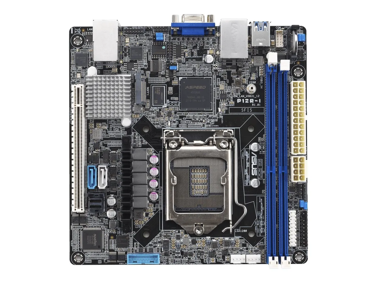 Green rectangular Mini-ITX server board with silver memory slots and black I/O ports