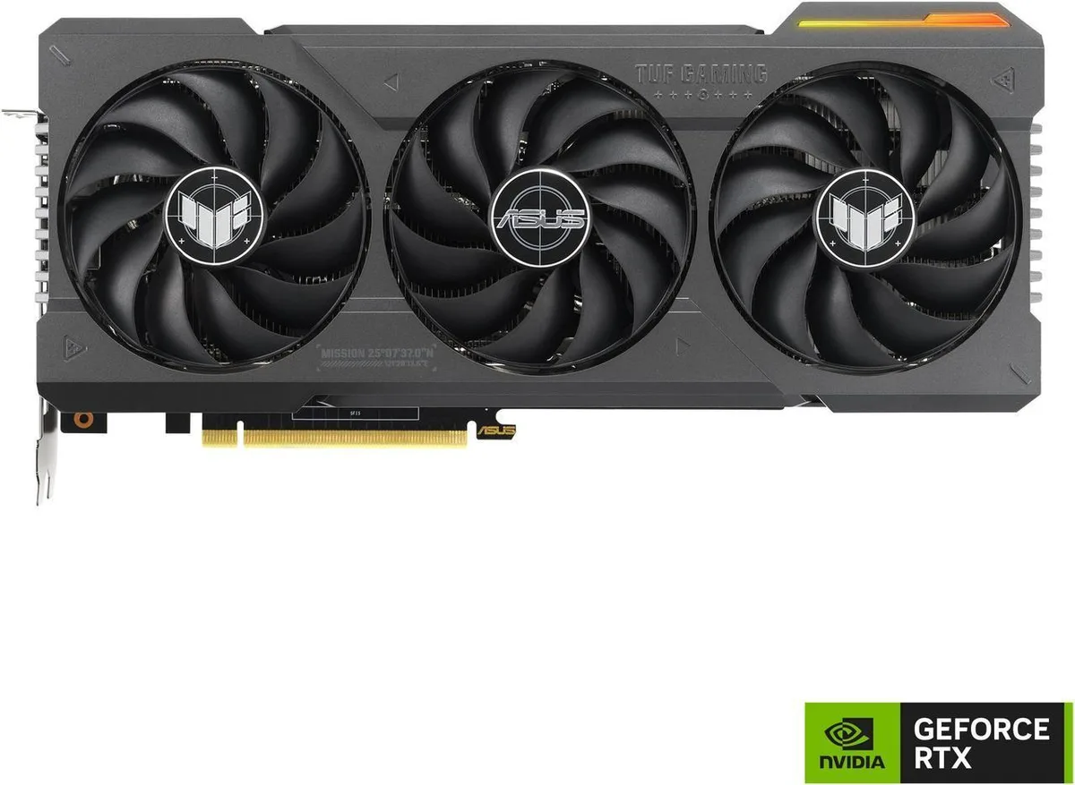 ASUS TUF Gaming RTX 4070 Ti graphics card with three axial-tech fans and metal exoskeleton