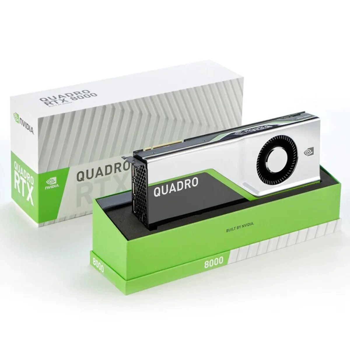 Silver dual-slot graphics card with angular black shroud, four DisplayPort sockets, one VirtualLink port
