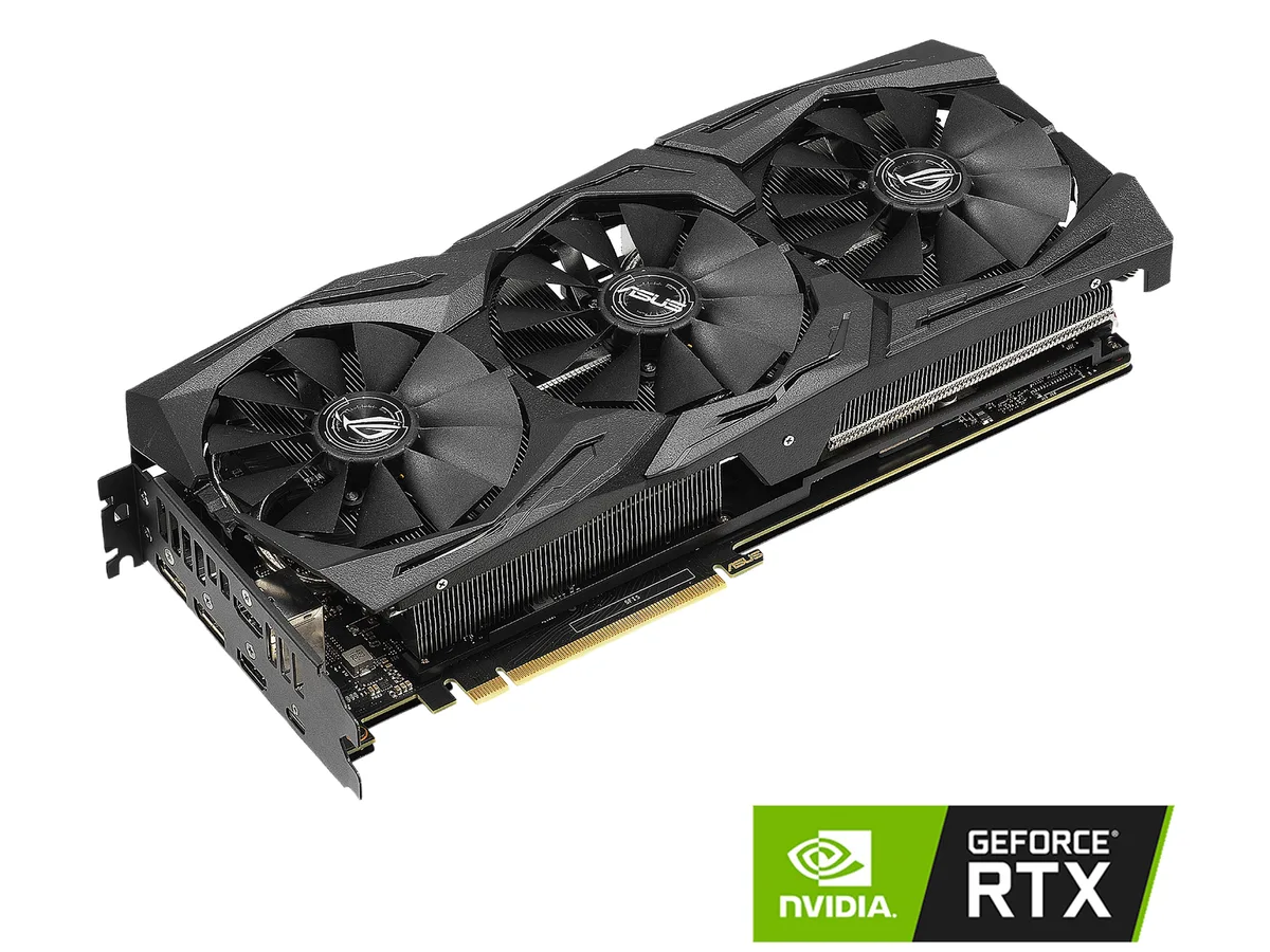 ASUS ROG Strix GeForce RTX 2070 graphics card with triple-fan cooler in dark grey and silver finish