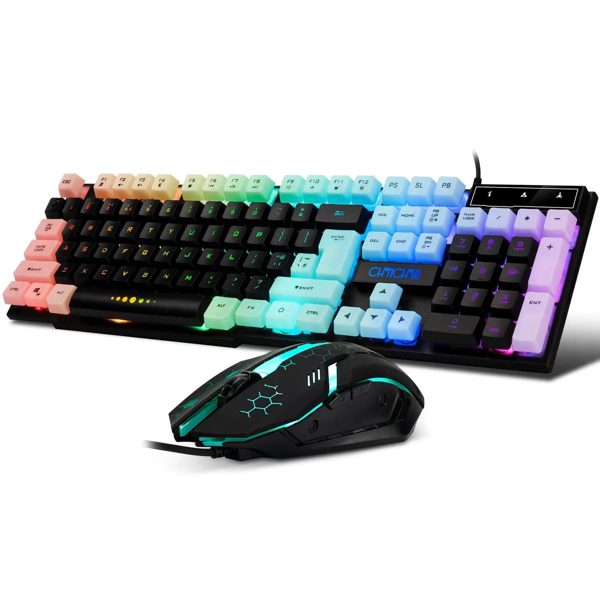 Black mechanical keyboard and mouse combo with rainbow backlight, Arc keycaps, USB wired
