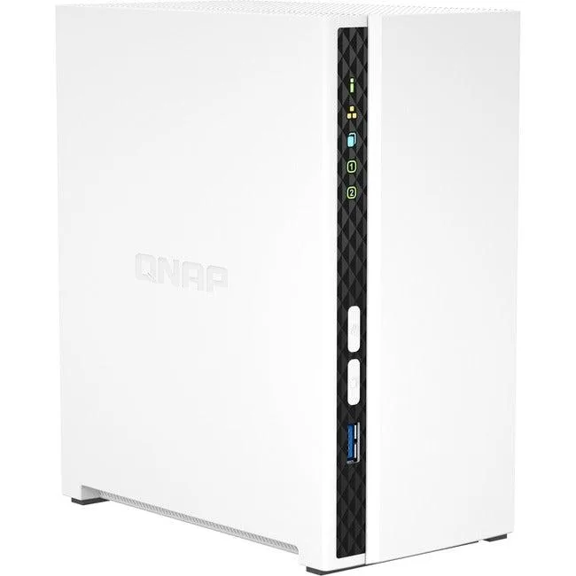 Compact white two-bay desktop NAS with front drive LEDs