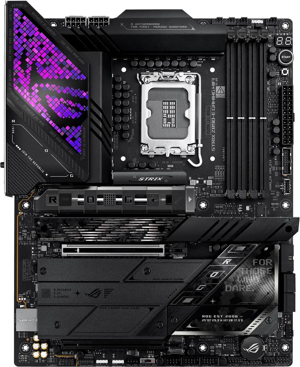 ATX motherboard with black heatsinks, silver accents and integrated I/O shield