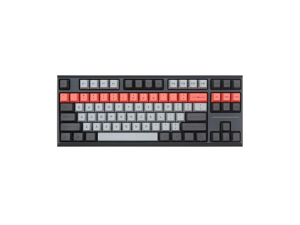 Compact 87-key mechanical keyboard in black and grey with PBT keycaps and Cherry MX Red switches