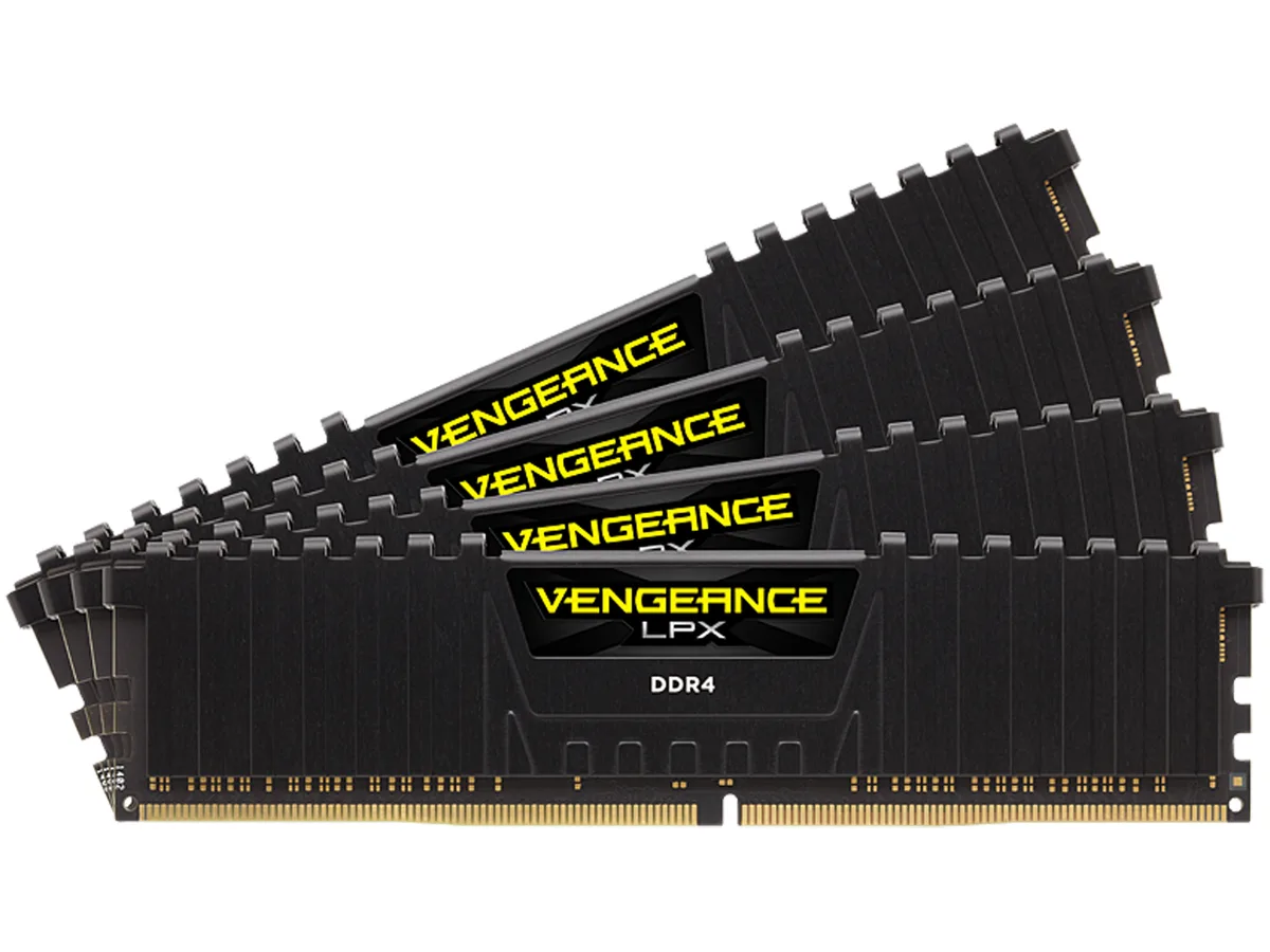Four black low-profile DDR4 modules with anodized aluminium heatspreaders