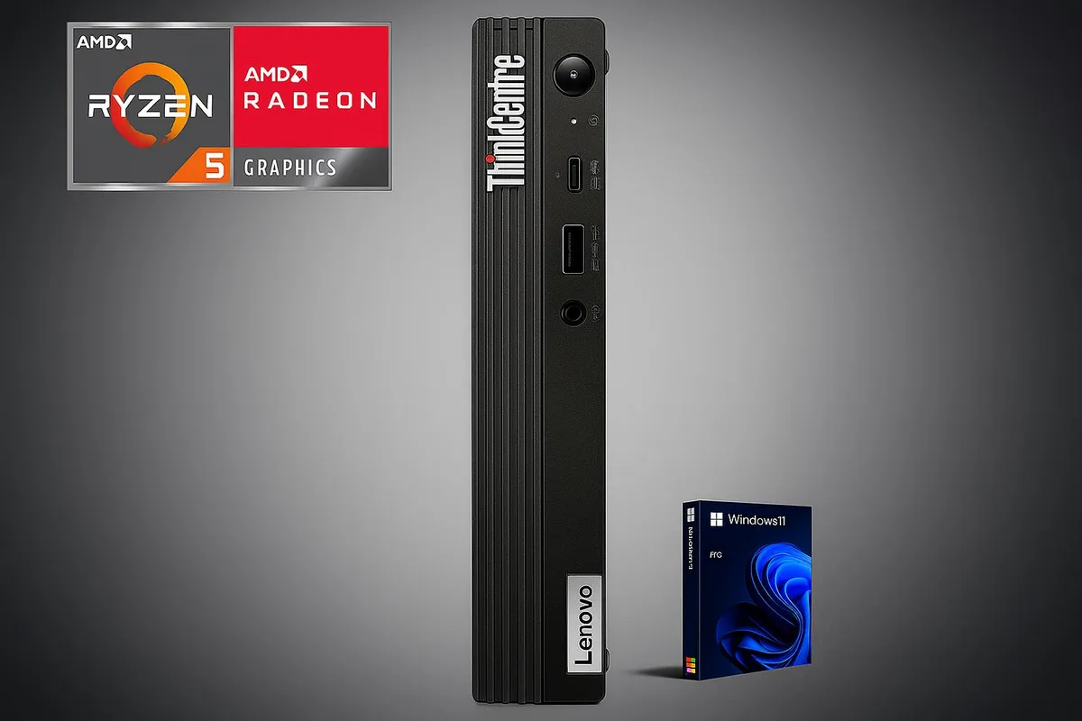 Compact black mini desktop with USB keyboard and mouse