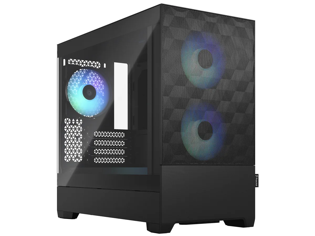 Black micro-ATX tower with tempered glass side panel and three RGB fans visible