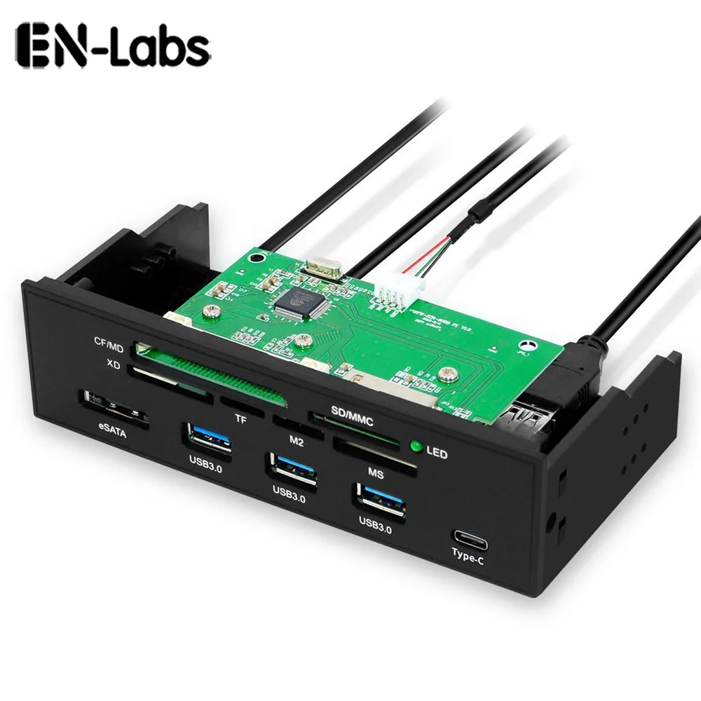 Black 5.25 inch front panel card reader with USB 3.0 Type-A, USB 3.1 Type-C and eSATA ports