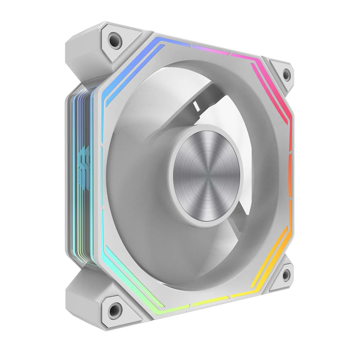 White 120mm case fan with infinity mirror ARGB lighting on both sides, thick 28mm frame, hydro bearing, magnetic daisy-chain connectors