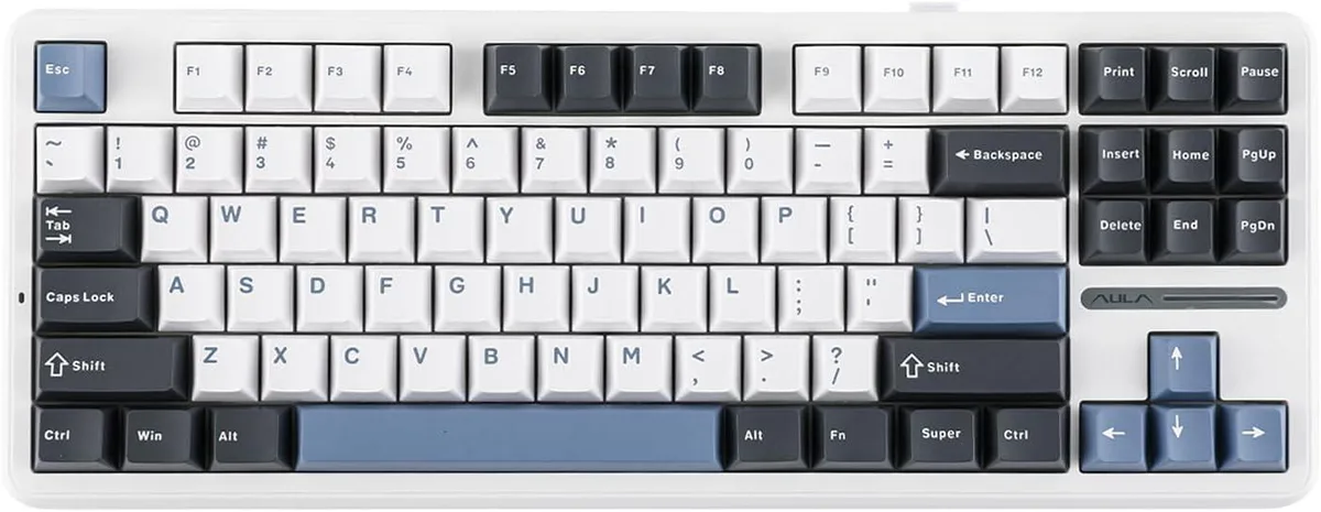 Compact TKL keyboard in smoke blue with graywood V3 switches, gasket mount, three-mode wireless and RGB lighting
