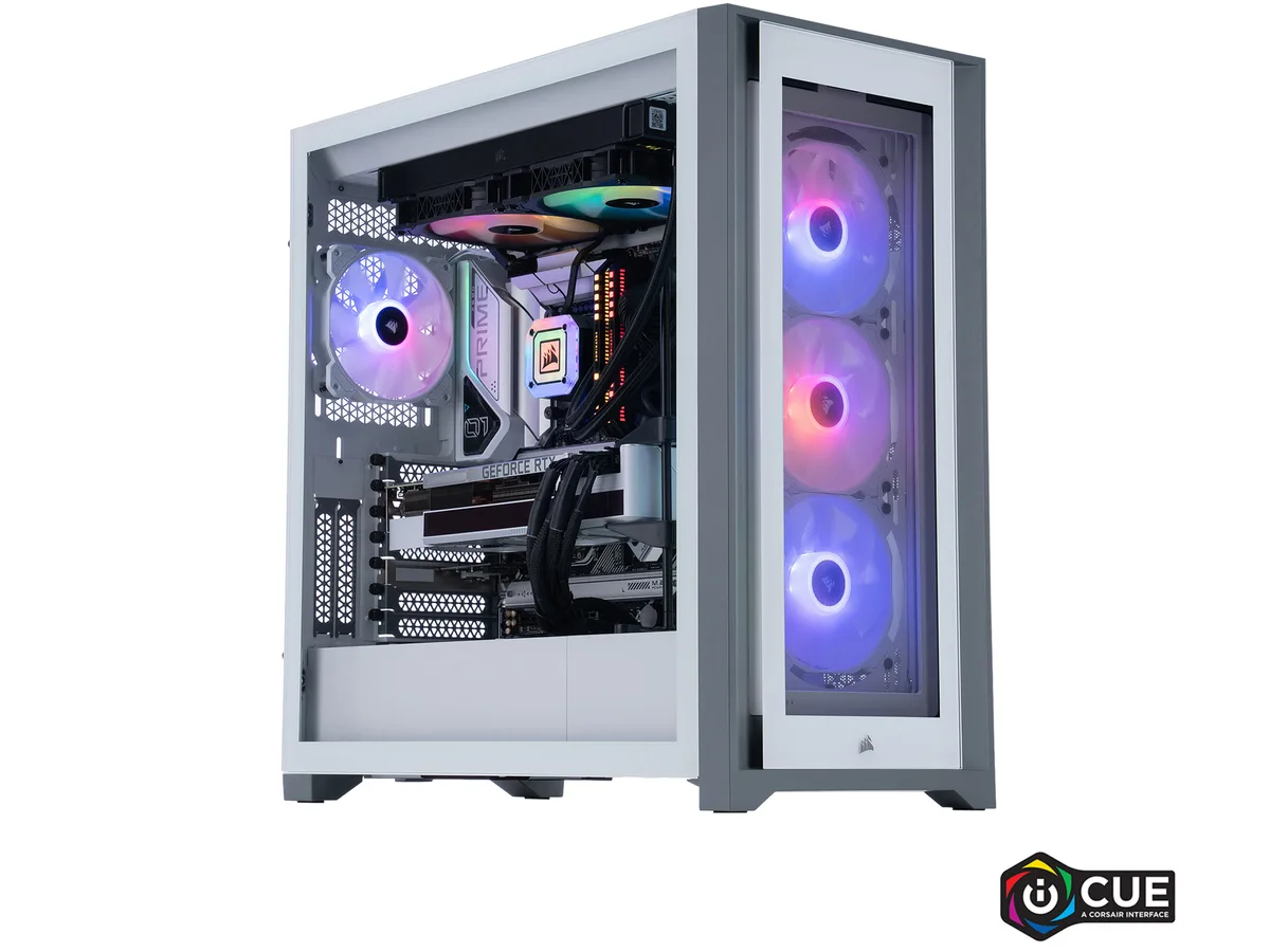 White mid-tower gaming PC with tempered glass side panel and RGB lighting visible inside