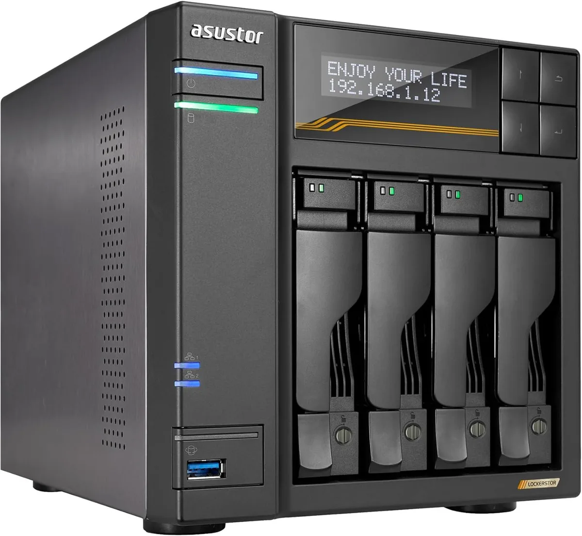 Silver four-bay desktop NAS with front drive trays and status LEDs