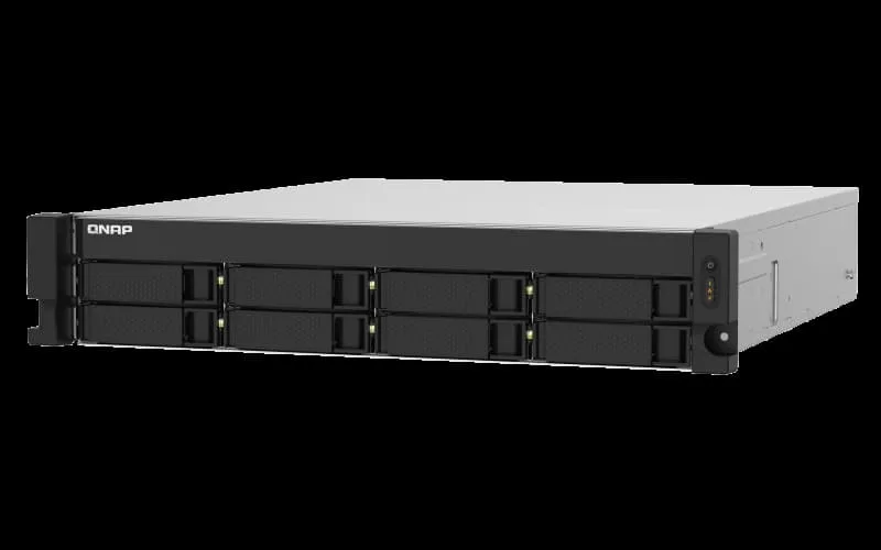 Silver 2U rackmount chassis, eight front drive bays, front status LEDs, rear dual 10GbE SFP+ and dual 2.5GbE RJ45 ports