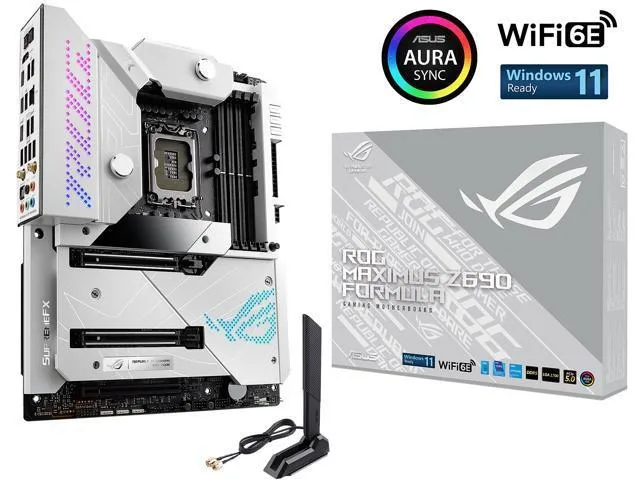 ATX motherboard with black heatsinks and a small rectangular OLED panel