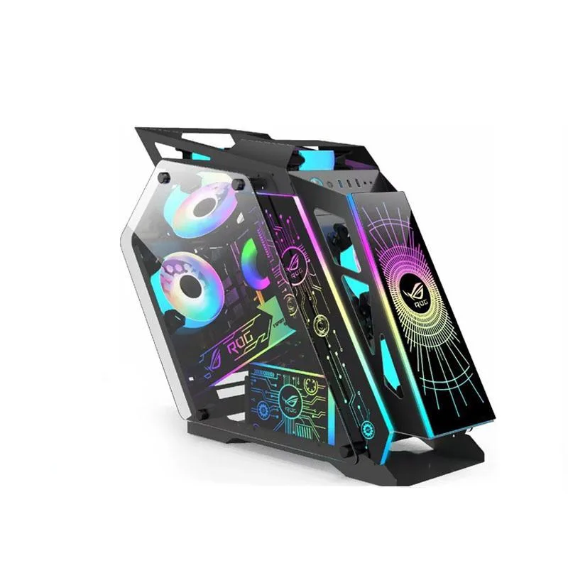 Black open-frame Micro ATX case with tempered glass side panel, six 120mm RGB fans and visible internal components