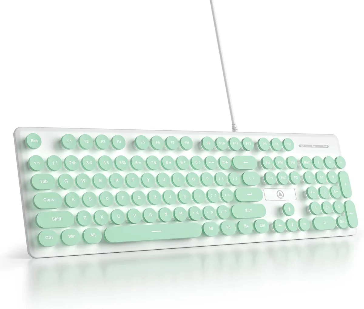 Green full-size wired keyboard with round retro typewriter keycaps and white LED backlight