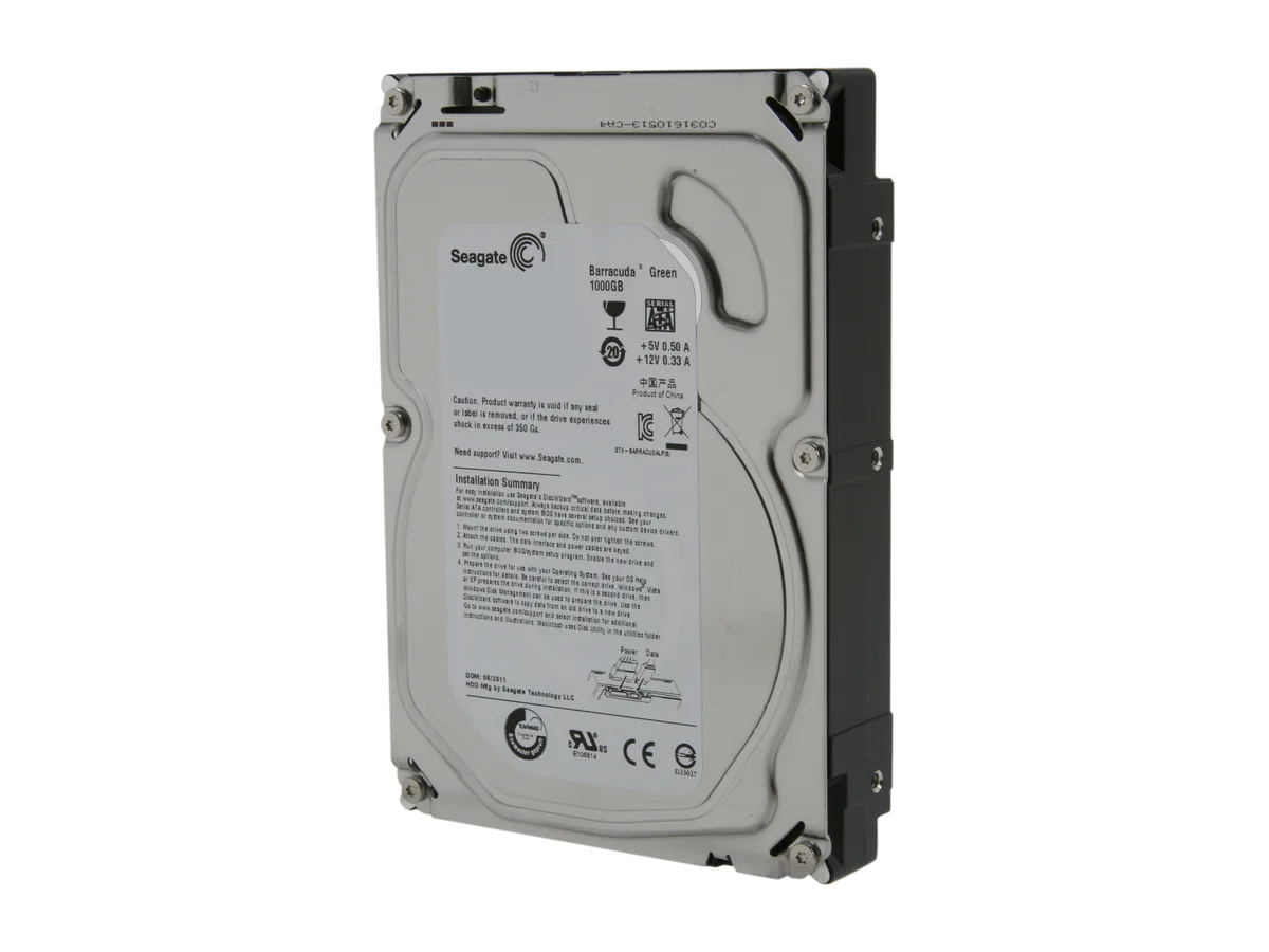 Silver 3.5 inch bare SATA hard drive with green label