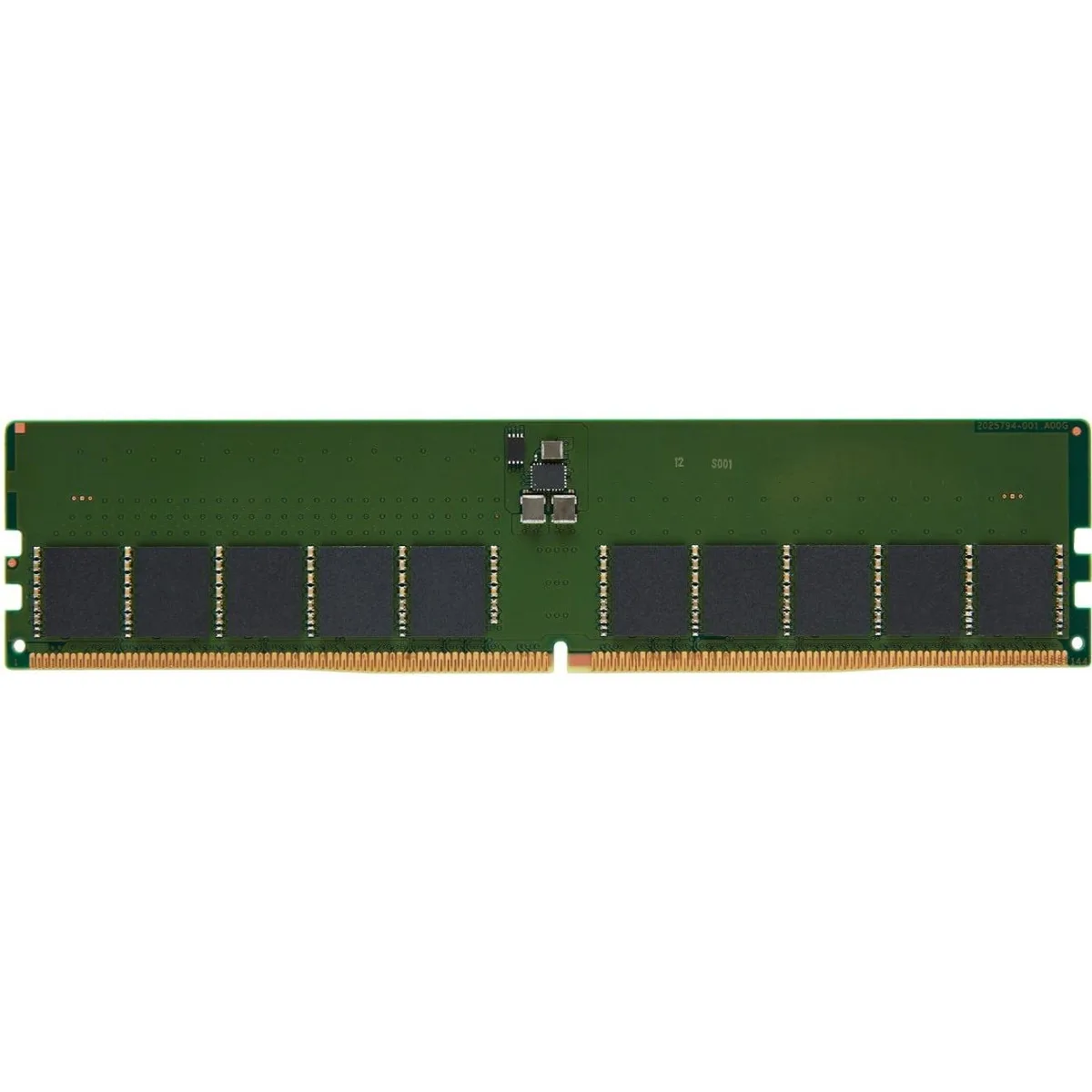 Green rectangular DDR5 DIMM with black chips and gold contacts