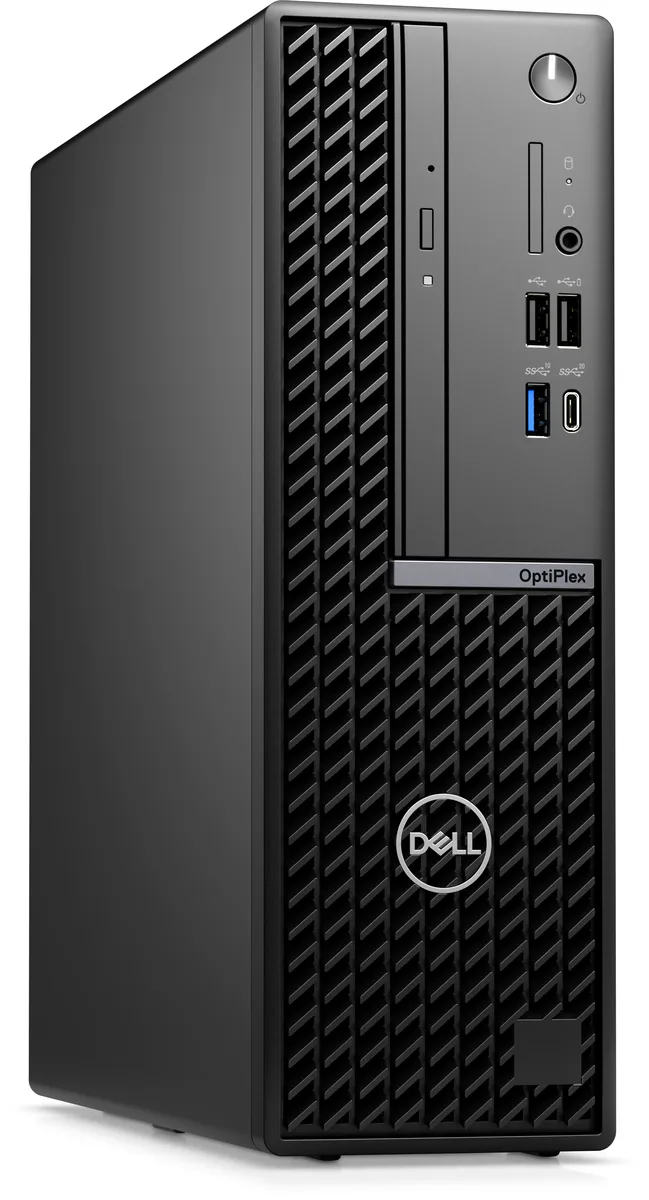 Black small form factor desktop tower with wireless keyboard and mouse