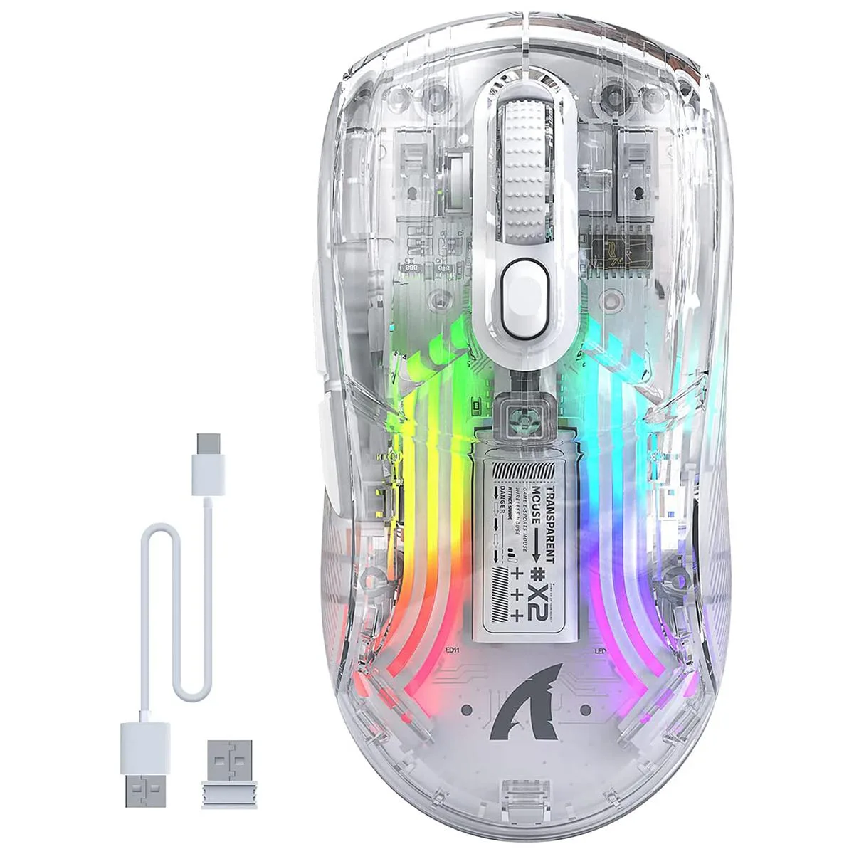 White transparent gaming mouse with RGB lighting visible through the clear shell, ergonomic shape