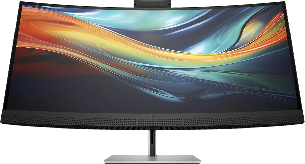 Large black curved ultrawide monitor on adjustable stand