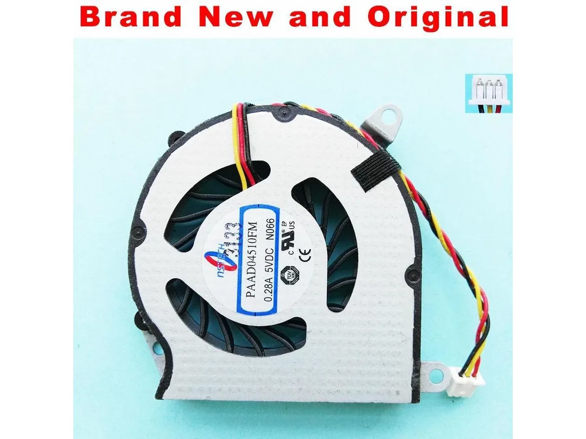 Small black laptop CPU cooling fan with plastic housing and wire connector