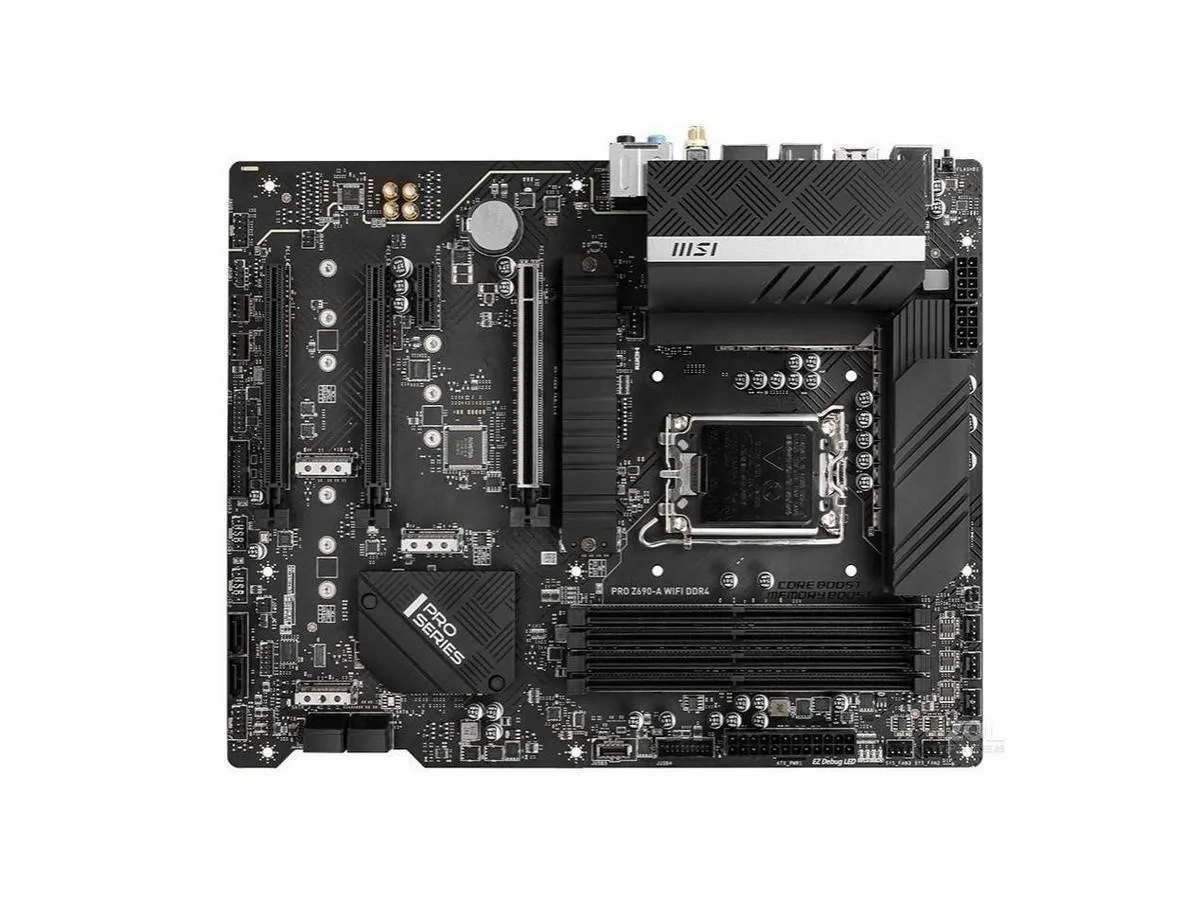 Rectangular ATX board, silver heatsinks, black PCB, rear I/O shield visible