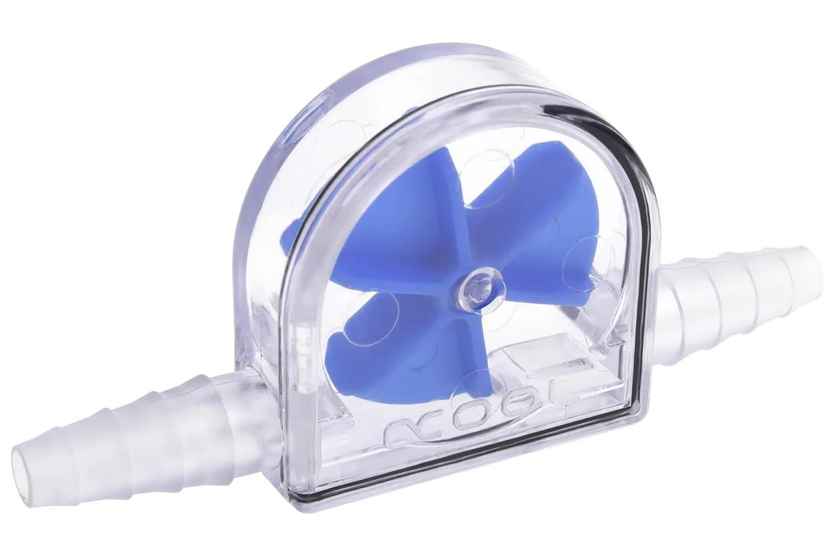 Clear acrylic inline flow indicator with blue turbine impeller, barbed ends for 6-11mm hose