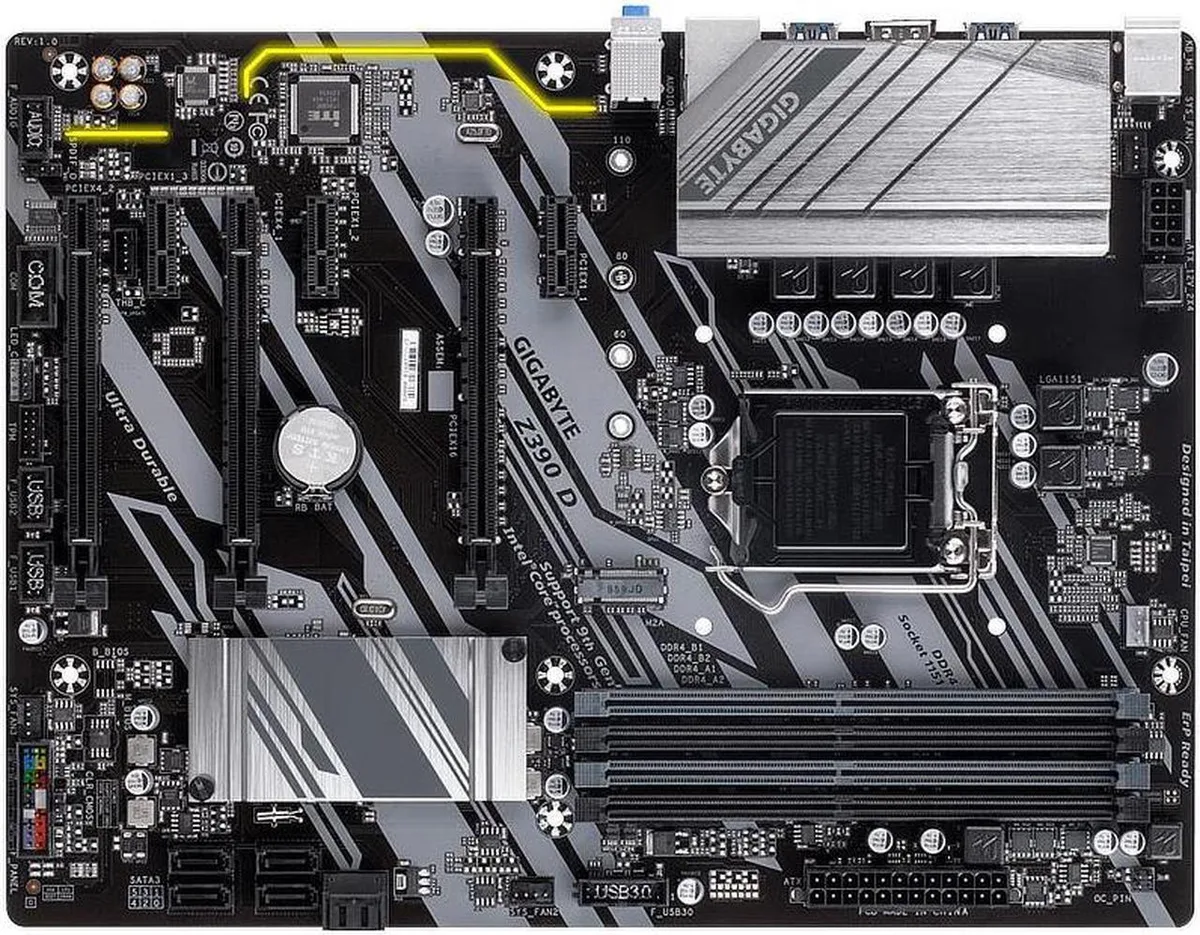 ATX motherboard, black PCB, silver I/O shield, four DDR4 slots, single PCIe x16 slot, six SATA ports, Realtek audio and LAN chips
