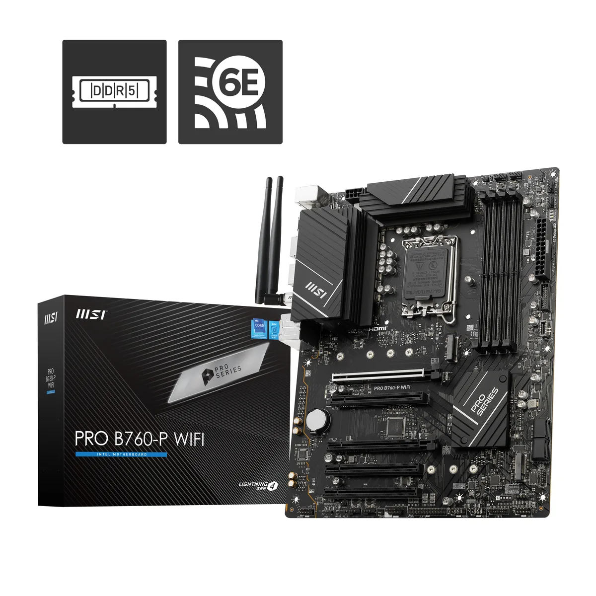 Green ATX motherboard with silver heatsinks and four black DDR5 slots