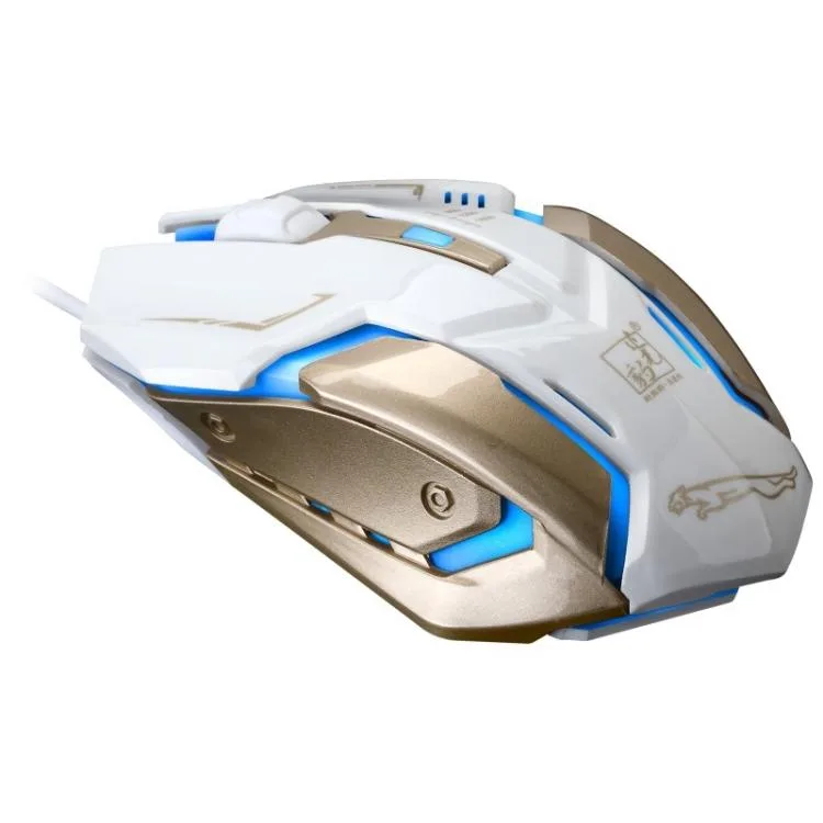 White wired optical gaming mouse, symmetrical ergonomic shape, 1.3m cable, stainless steel brushed base, LED backlight