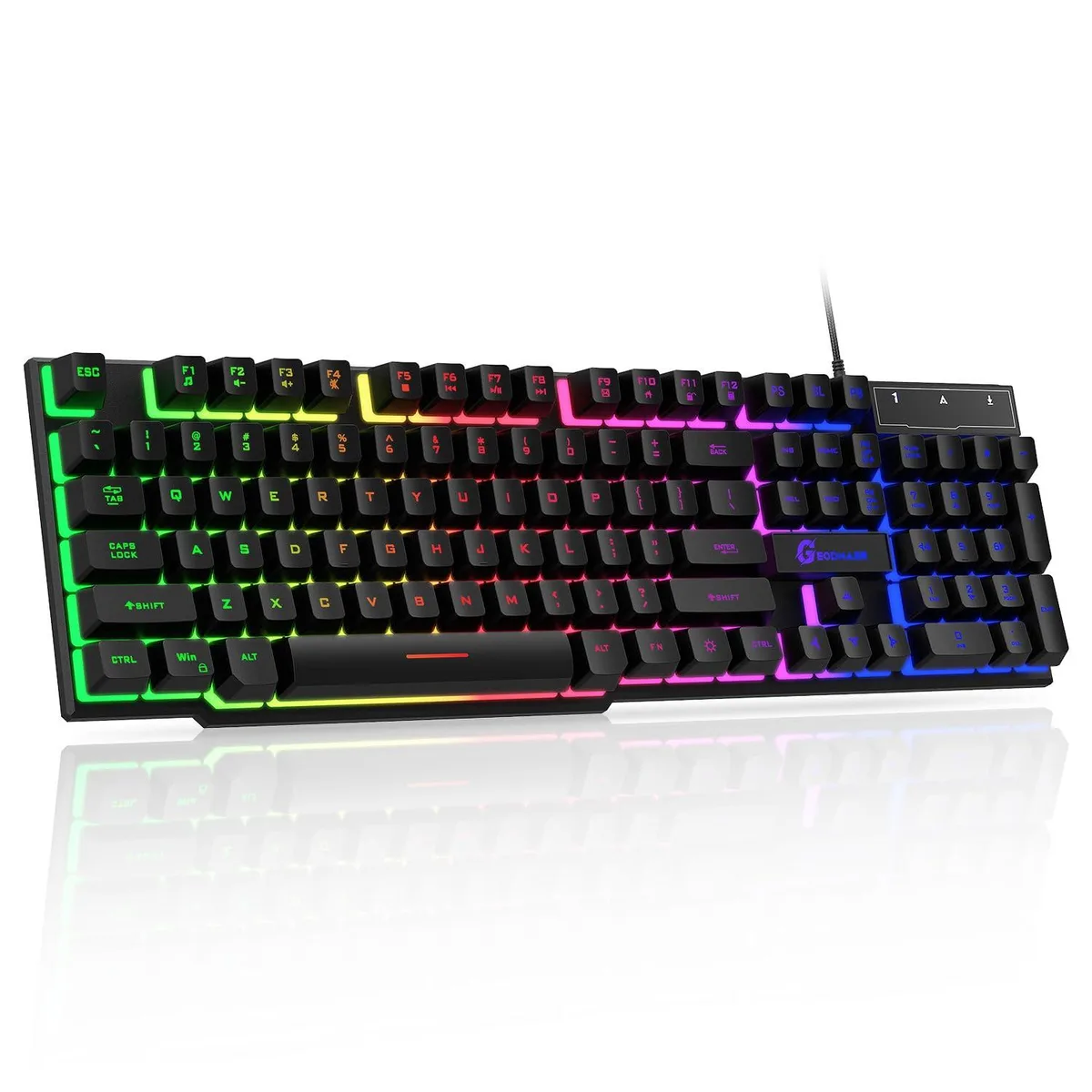 Full-size black wired keyboard with LED backlighting and 104 keys