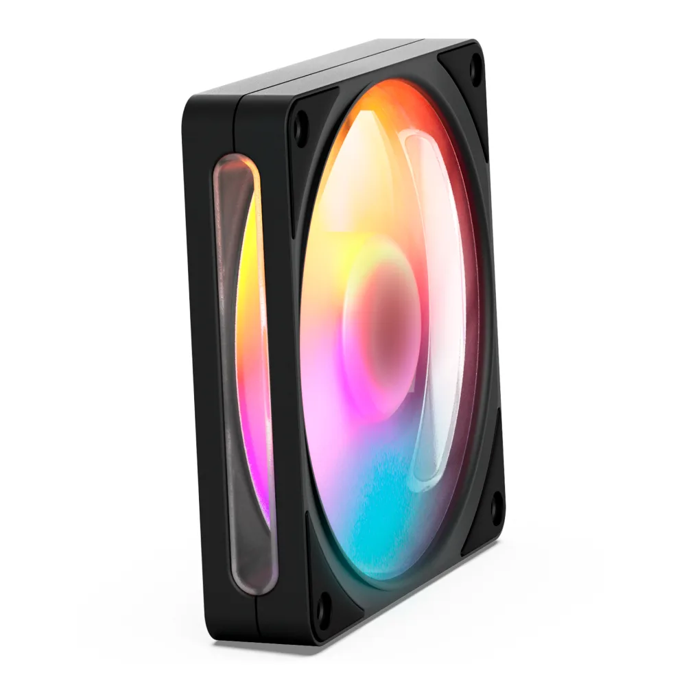 Black 120mm case fan with nine blades and eight addressable RGB LEDs visible through clear side windows