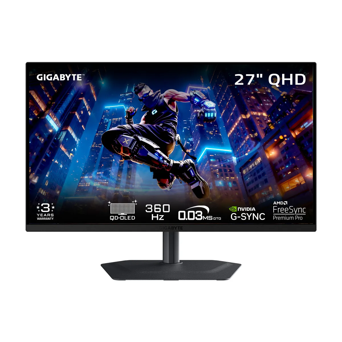 27 inch flat black OLED gaming monitor on adjustable stand