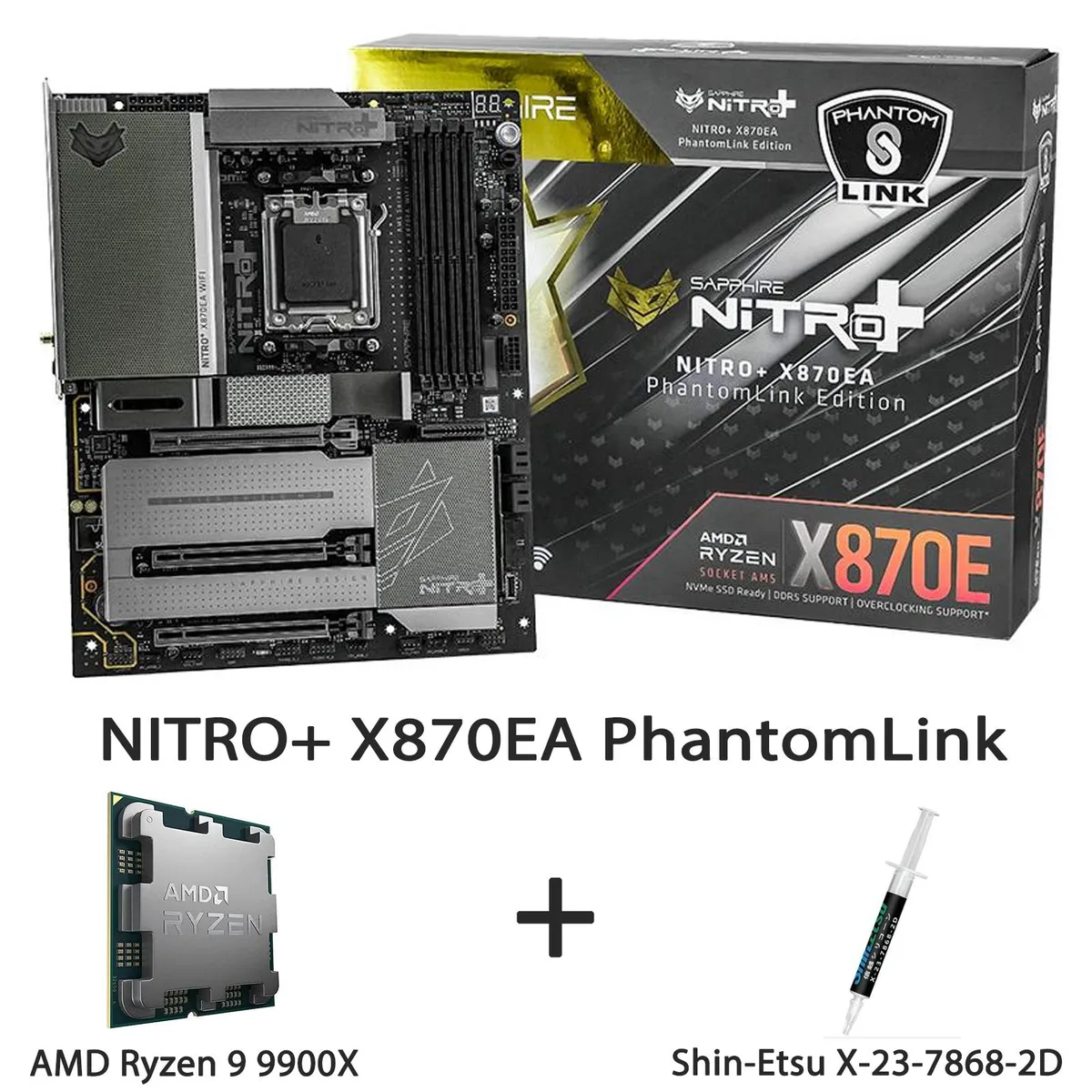 Sapphire Tech Sapphire Tech NITRO+ X870EA PhantomLink AMD motherboard + Ryzen 9 9900X CPU combo — product photo