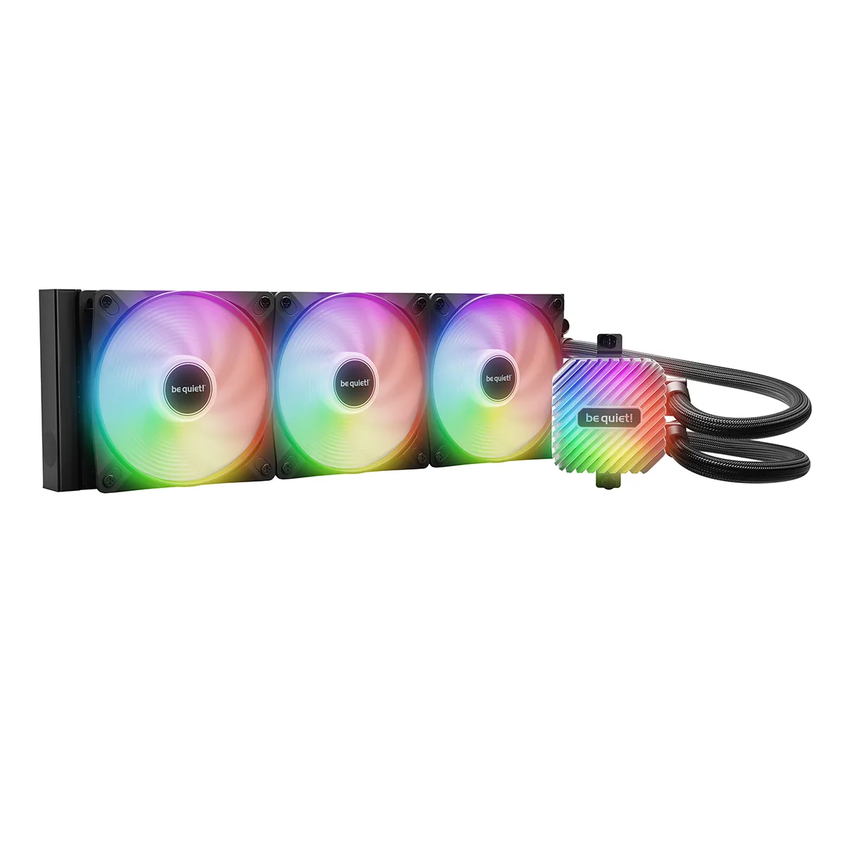 Black 360mm radiator with three 120mm ARGB fans and illuminated pump block