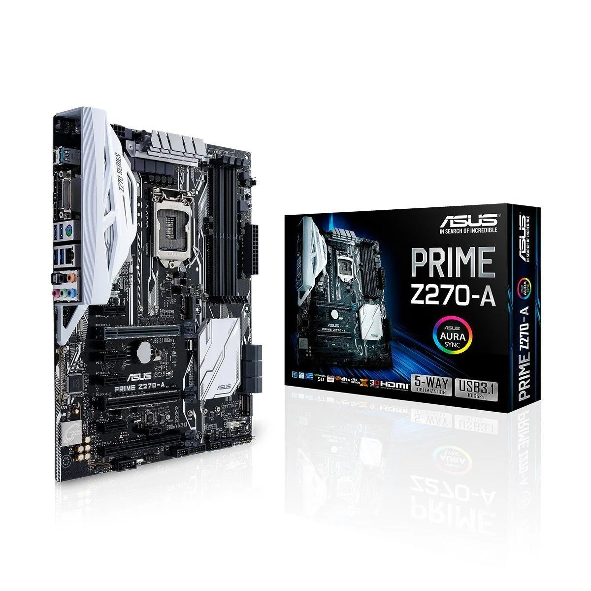 ASUS PRIME Z270-A ATX motherboard, black PCB with silver heatsinks and rear I/O shield