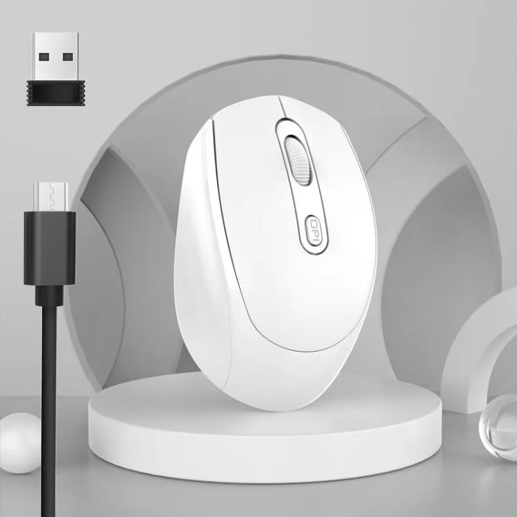 White ergonomic wireless gaming mouse with four buttons and rechargeable battery