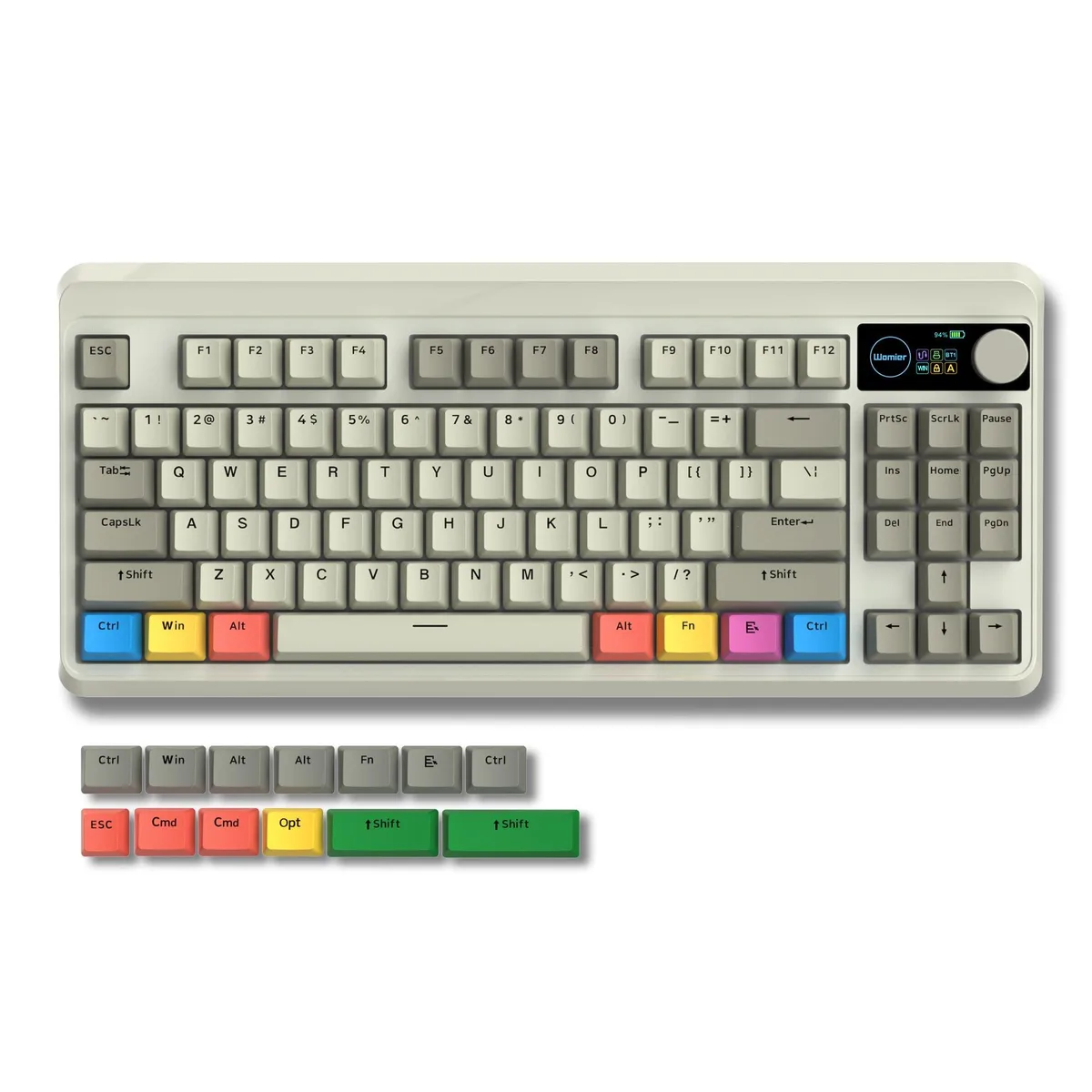 Grey 75% mechanical keyboard with OLED display and rotary knob, compact rectangular shape, matte finish