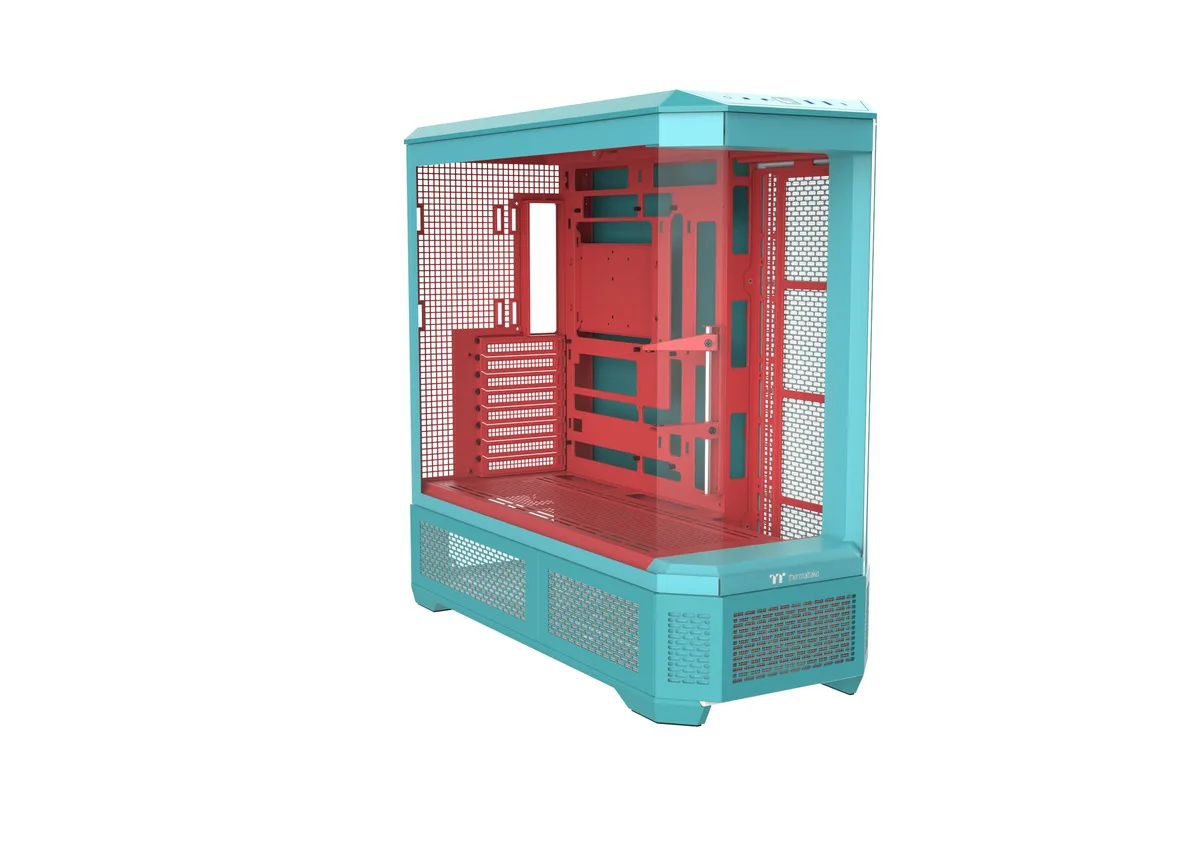 Full-tower PC case in mint strawberry with four tempered glass panels forming a bay-window front