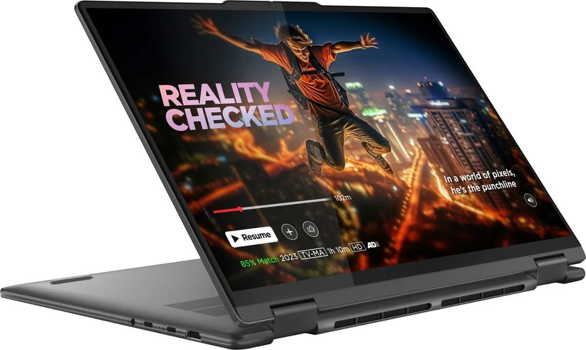 Grey 16 inch 2-in-1 laptop with glossy touchscreen display and convertible hinge