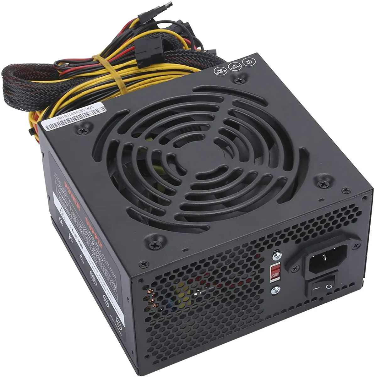 Black rectangular ATX power supply with 14cm fan and 24pin connector