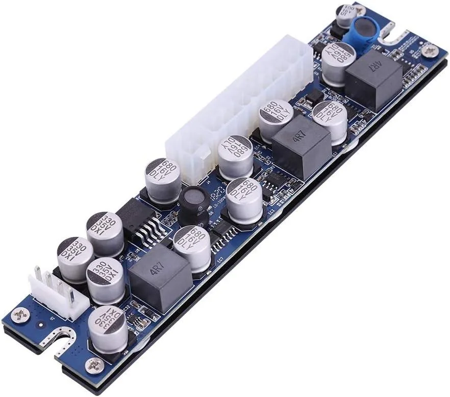 Compact rectangular power module with matte black finish and multiple ATX connectors visible