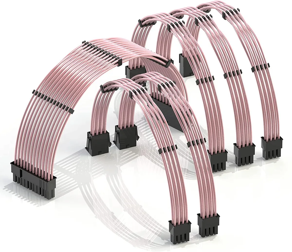 Pink 30cm PSU cable extension kit with 24-pin ATX two 4+4-pin CPU three 6+2-pin GPU and cable combs