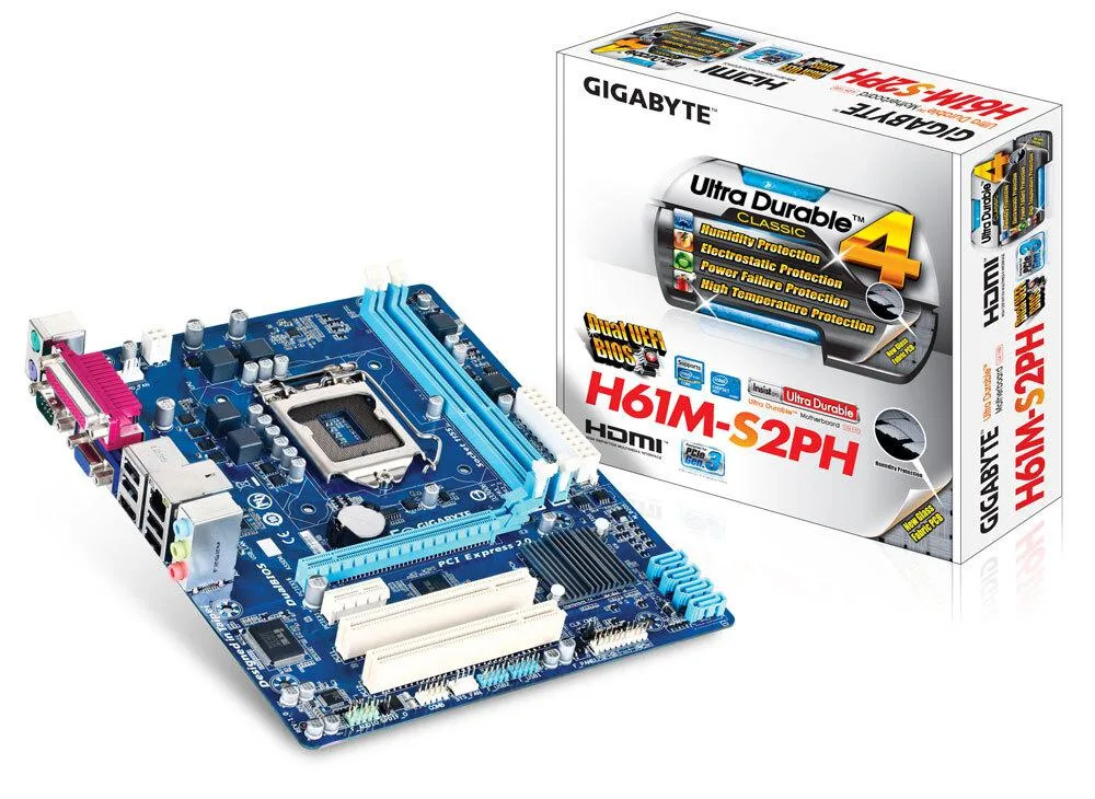 Green rectangular micro-ATX motherboard with black LGA 1155 socket, two blue DDR3 slots, silver heatsinks