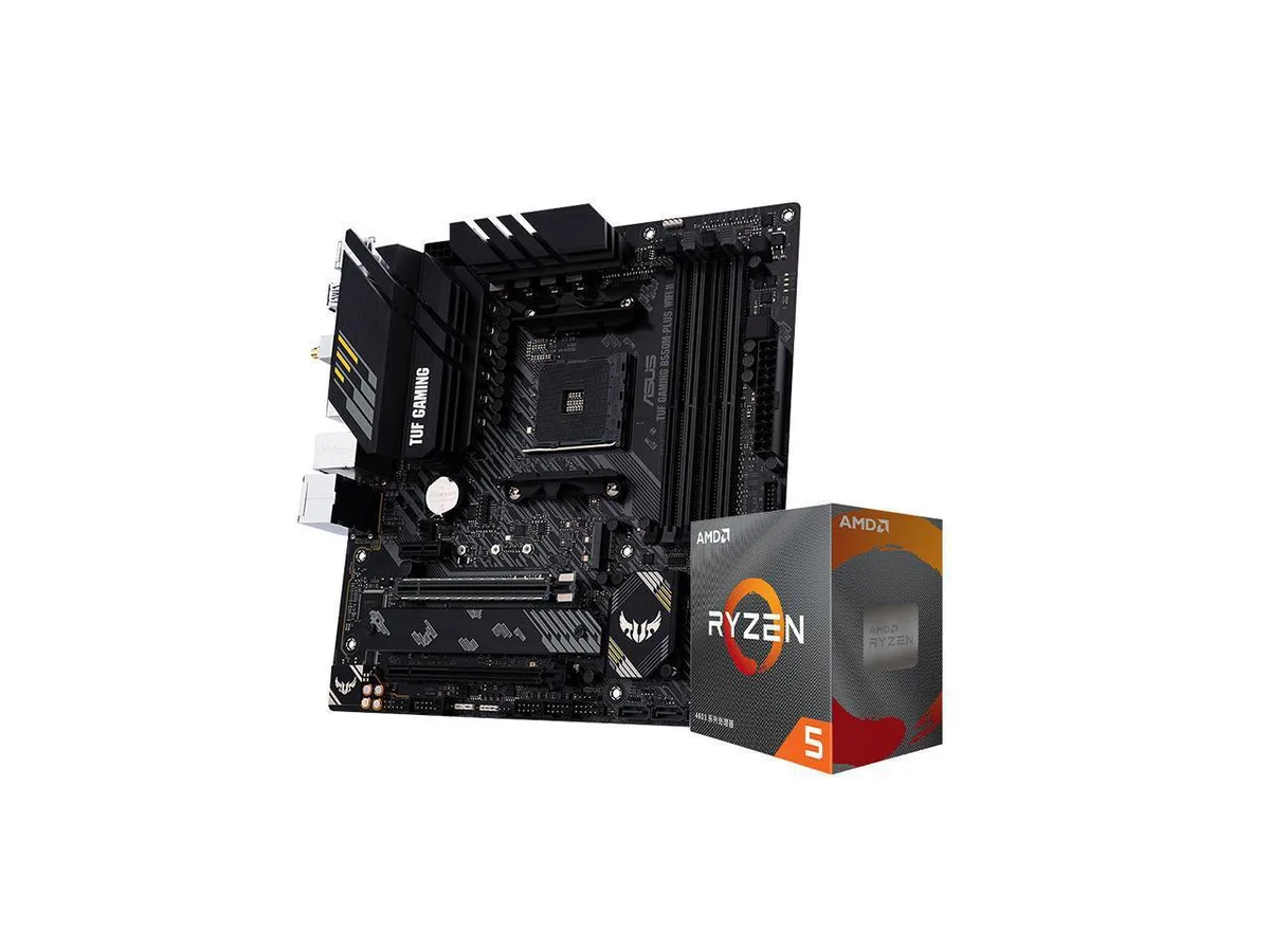 Micro ATX motherboard with CPU, dark heatsinks, silver accents