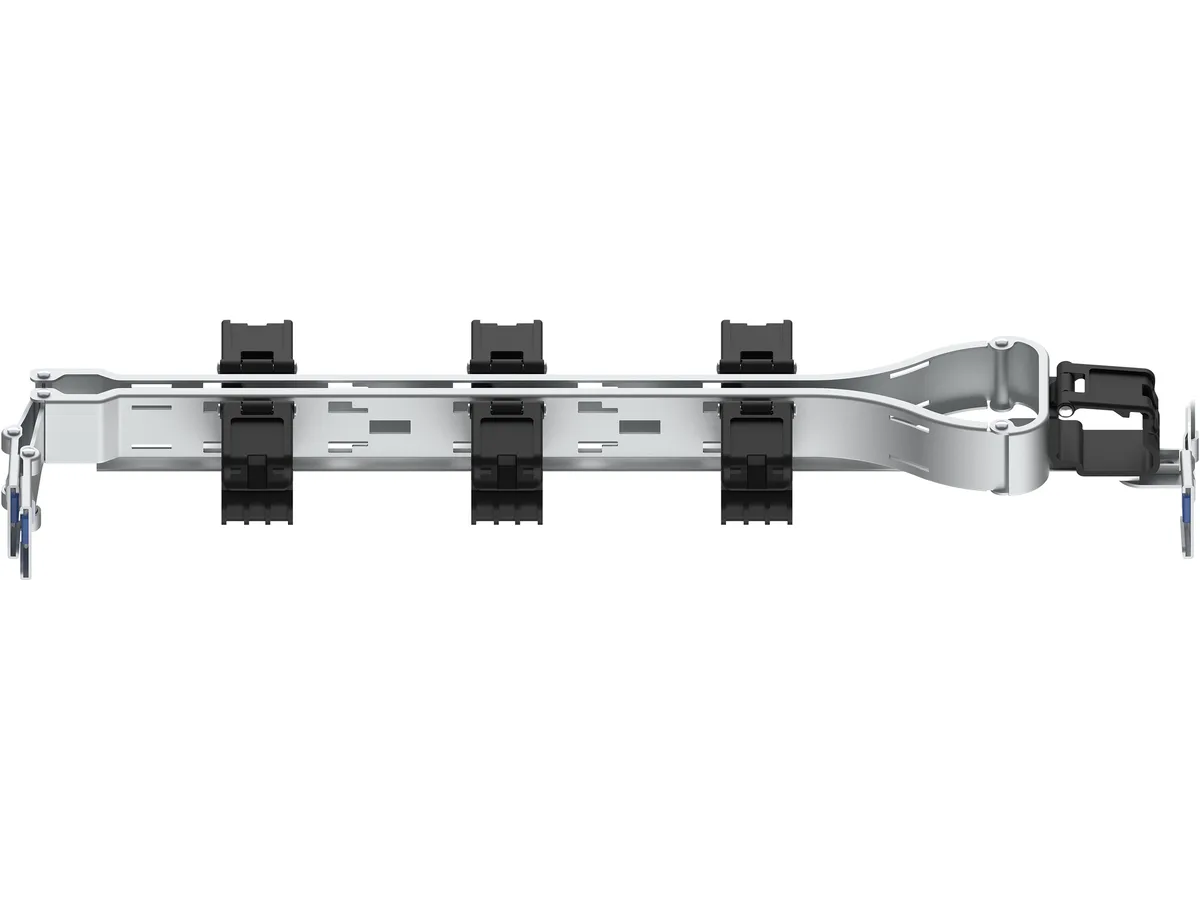 Black metal cable management arm with sliding rails and cable clips, mounted on a rack rail kit