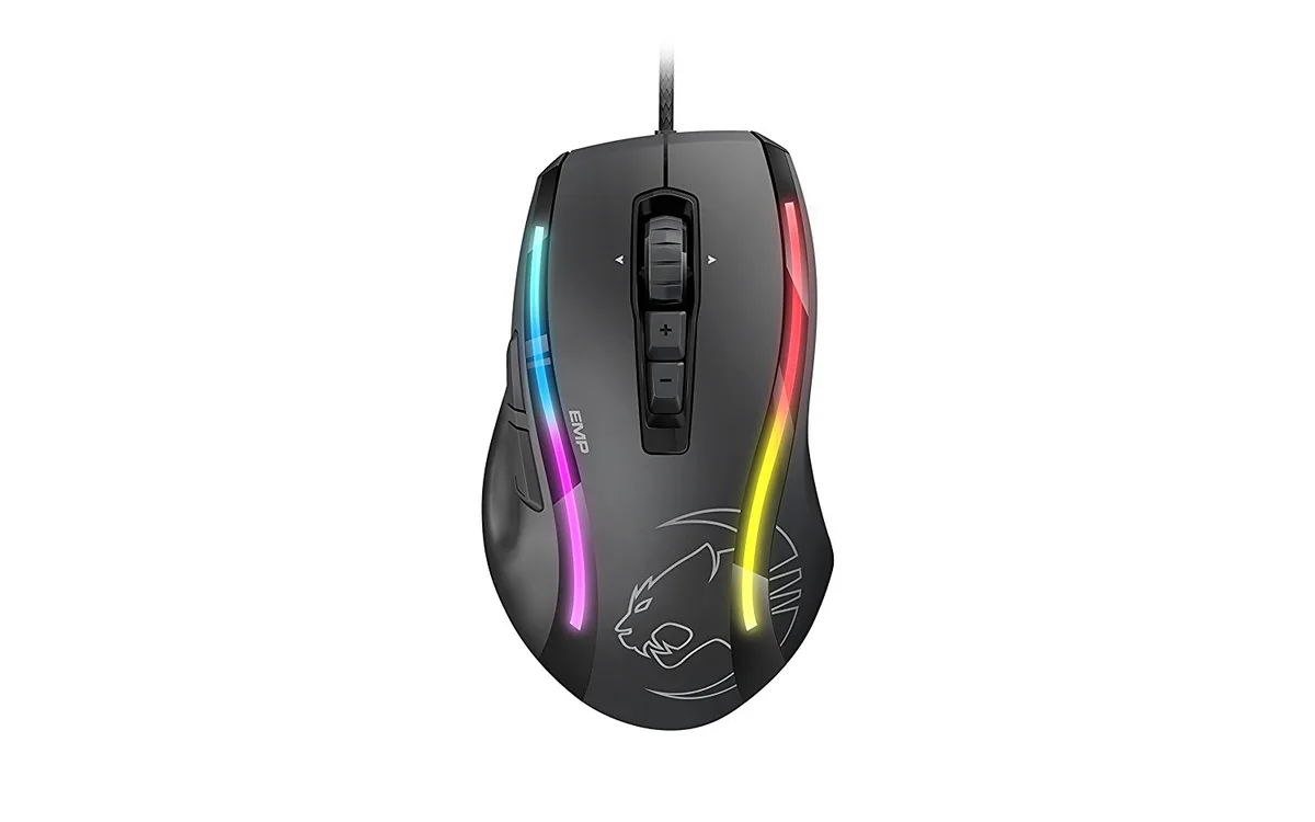 Right-handed black wired gaming mouse with two RGB light strips, textured sides, and a wide scroll wheel