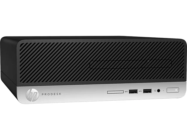 Small black desktop tower with DVD slot and front USB ports