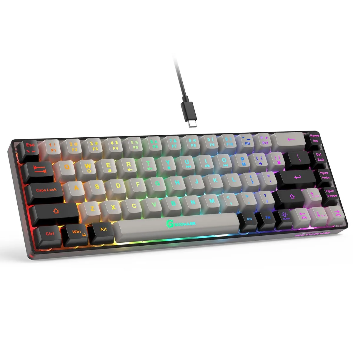 Grey-black 68-key compact wired gaming keyboard with rainbow LED backlighting, detachable USB-C cable